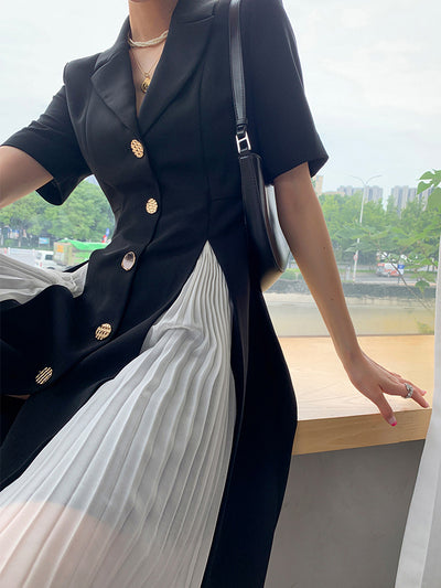 black short sleeve suit style pleats one piece