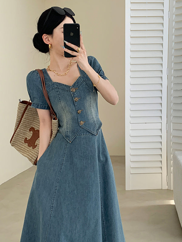 puff sleeve blue denim flared long dress