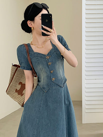 puff sleeve blue denim flared long dress