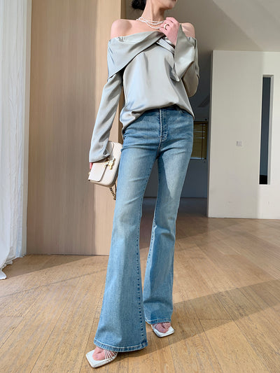 satin off shoulder draped tops