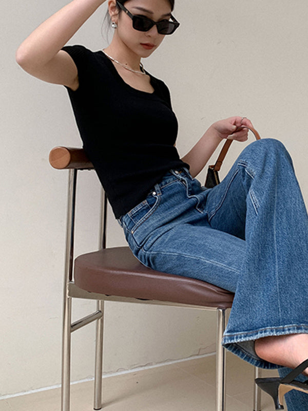 u neck short sleeve knit tops