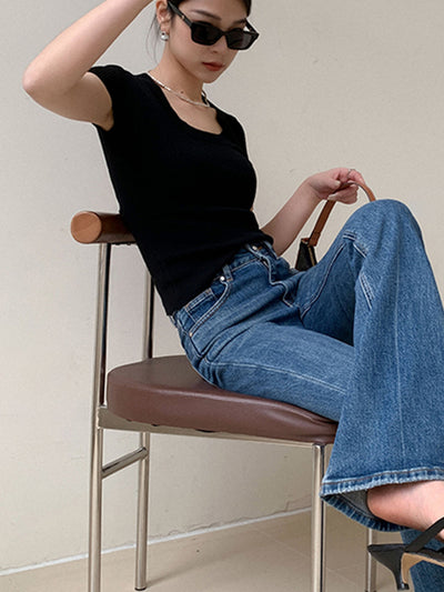 u neck short sleeve knit tops