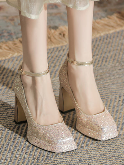 crystal square toe high heel pumps