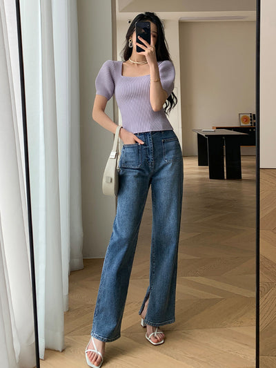 light purple square neck puff sleeve knit tops