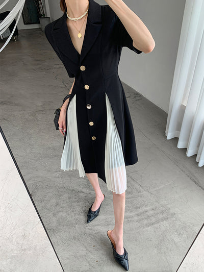 black short sleeve suit style pleats one piece