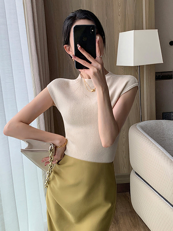 round neck french sleeve slim fit light beige tops