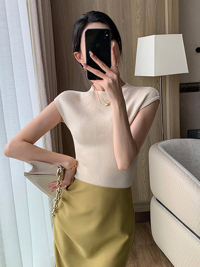 round neck french sleeve slim fit light beige tops