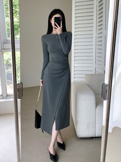 gray long sleeve slit long dress