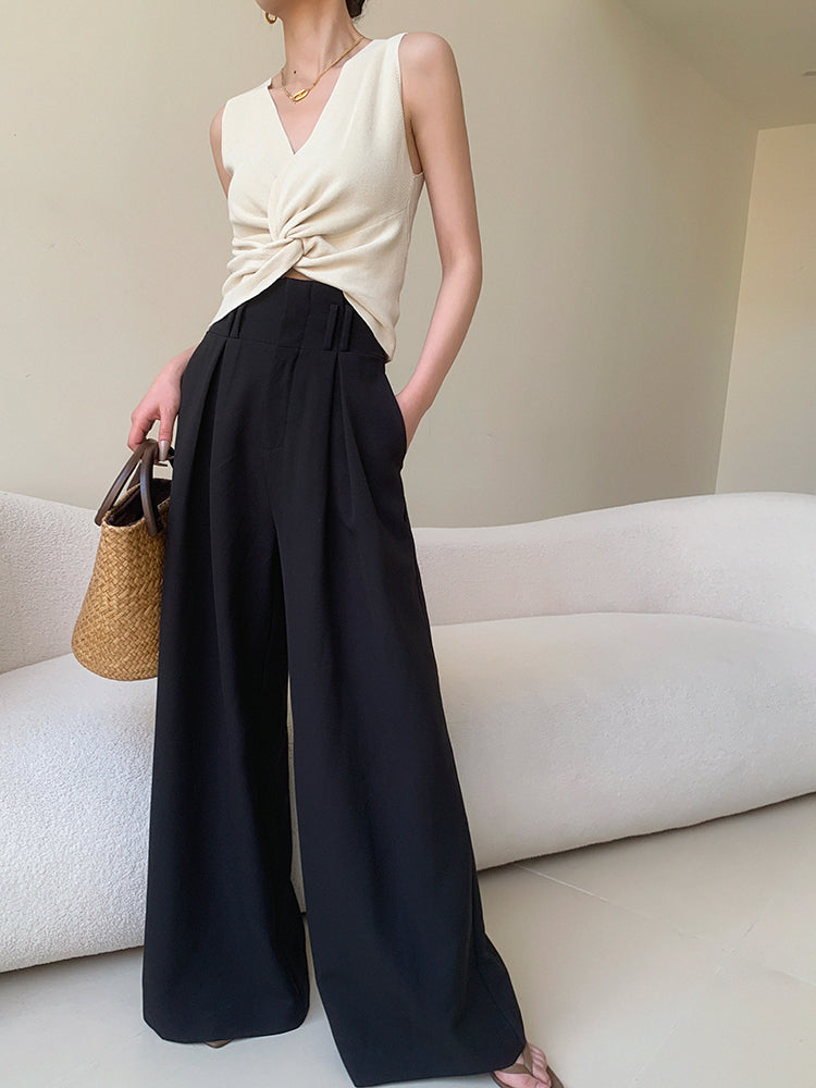 high waist slim wide black pants
