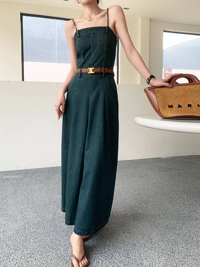 vintage blue denim camisole pleats long one piece