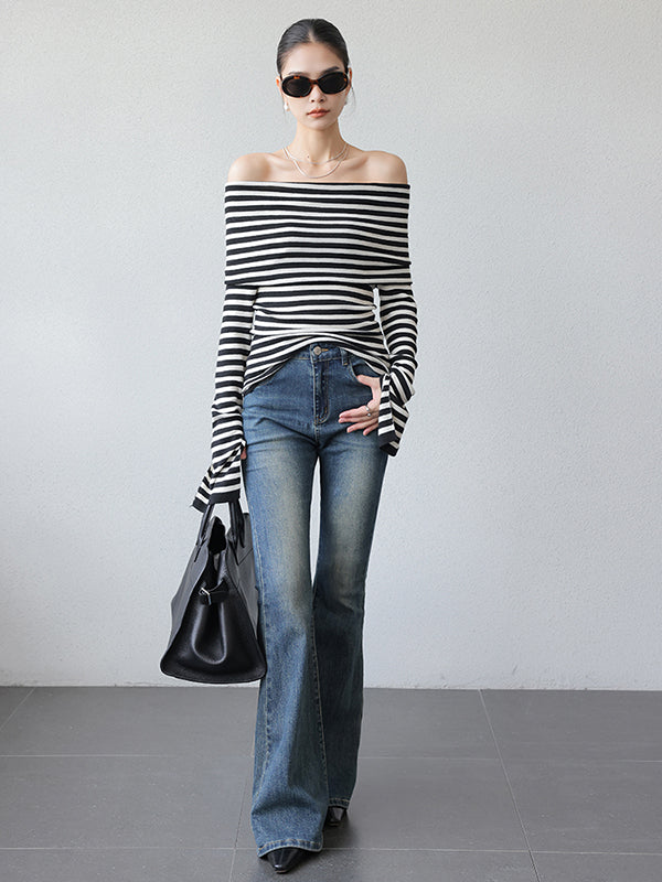 stripe off shoulder long sleeve slim fit tops