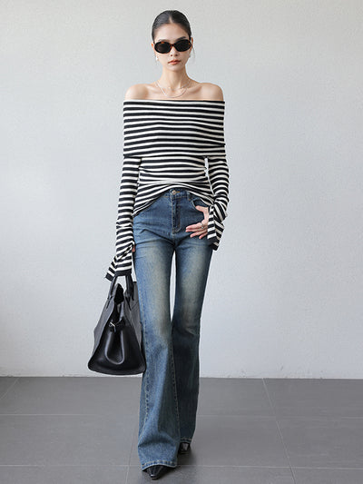 stripe off shoulder long sleeve slim fit tops