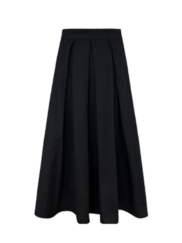 high waist slim pleated black long skirt