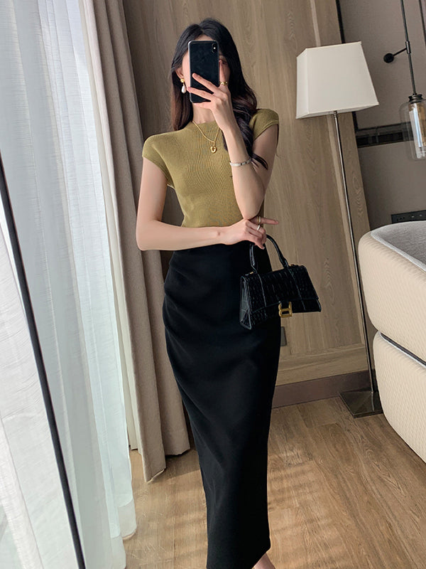 round neck french sleeve slim knit tops