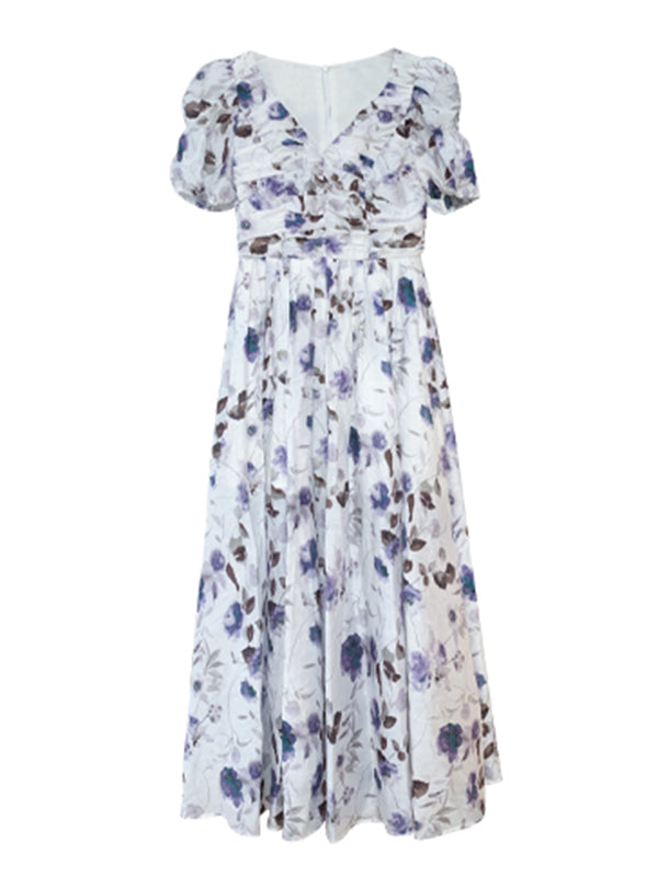 v neck puff sleeve flower slit one piece