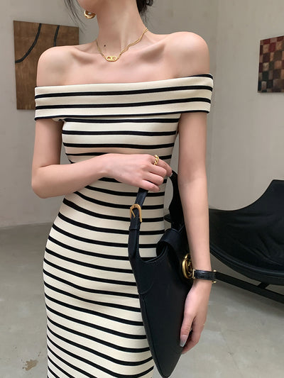 striped off shoulder knit long one piece