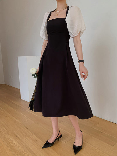 square neck puff sleeve bicolor dress