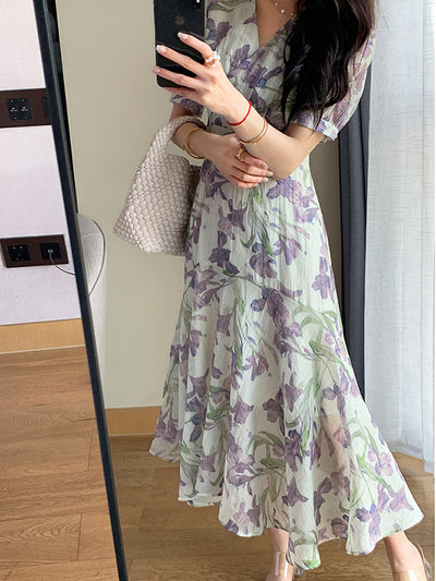 v neck flower tencel long one piece