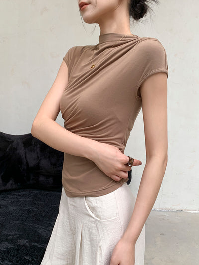 high neck slim fit side gather beige tops