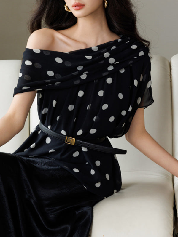 one shoulder chiffon dot tops