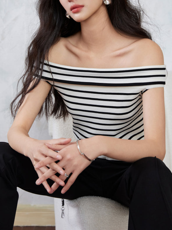 off shoulder striped knit tops