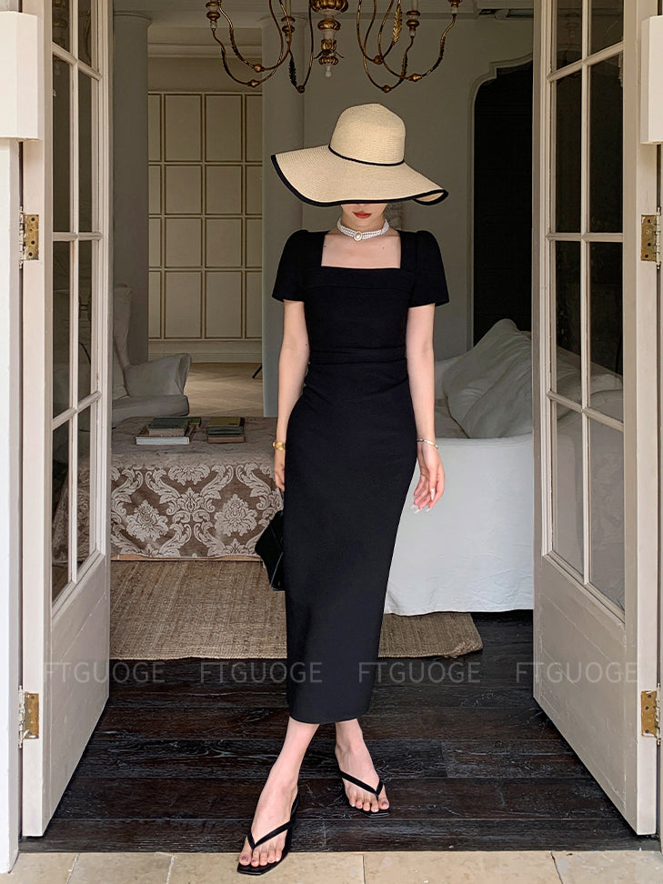square neck black elegant dress