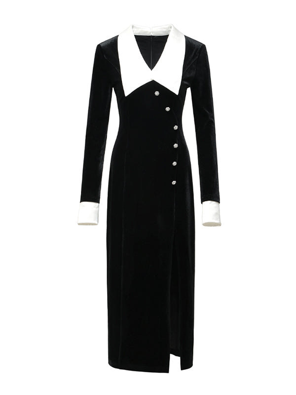 luxury bijou button velvet lapel slit dress