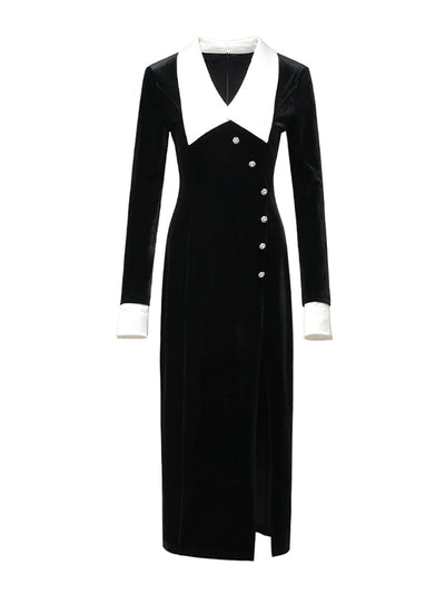luxury bijou button velvet lapel slit dress