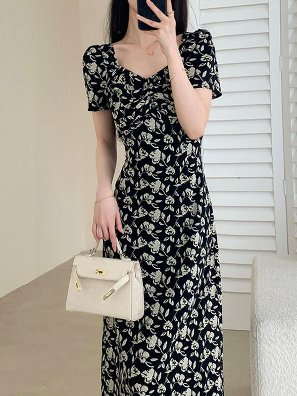 square neck flower tight long dress