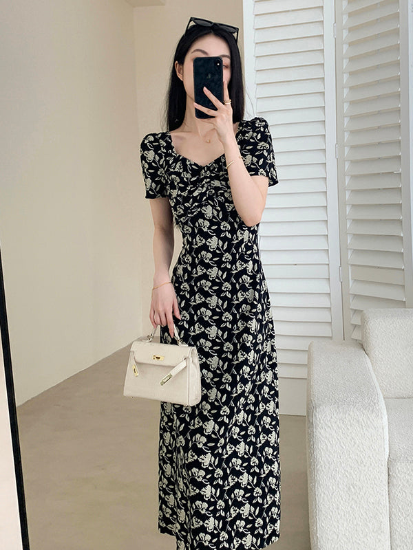 square neck flower tight long dress