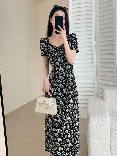 square neck flower tight long dress