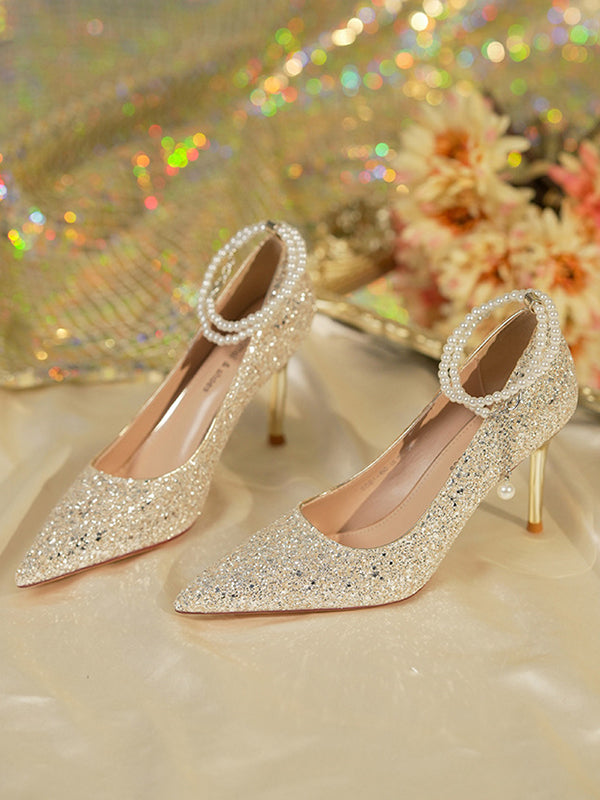 pearl strap crystal diamond pumps