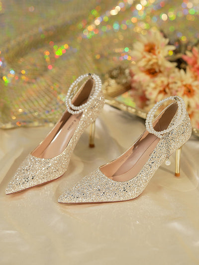 pearl strap crystal diamond pumps