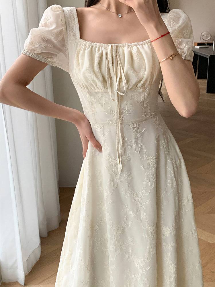 square neck puff sleeve lace long dress