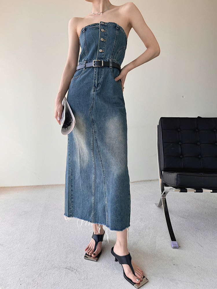 blue denim button tube top long one piece