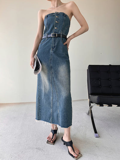 blue denim button tube top long one piece