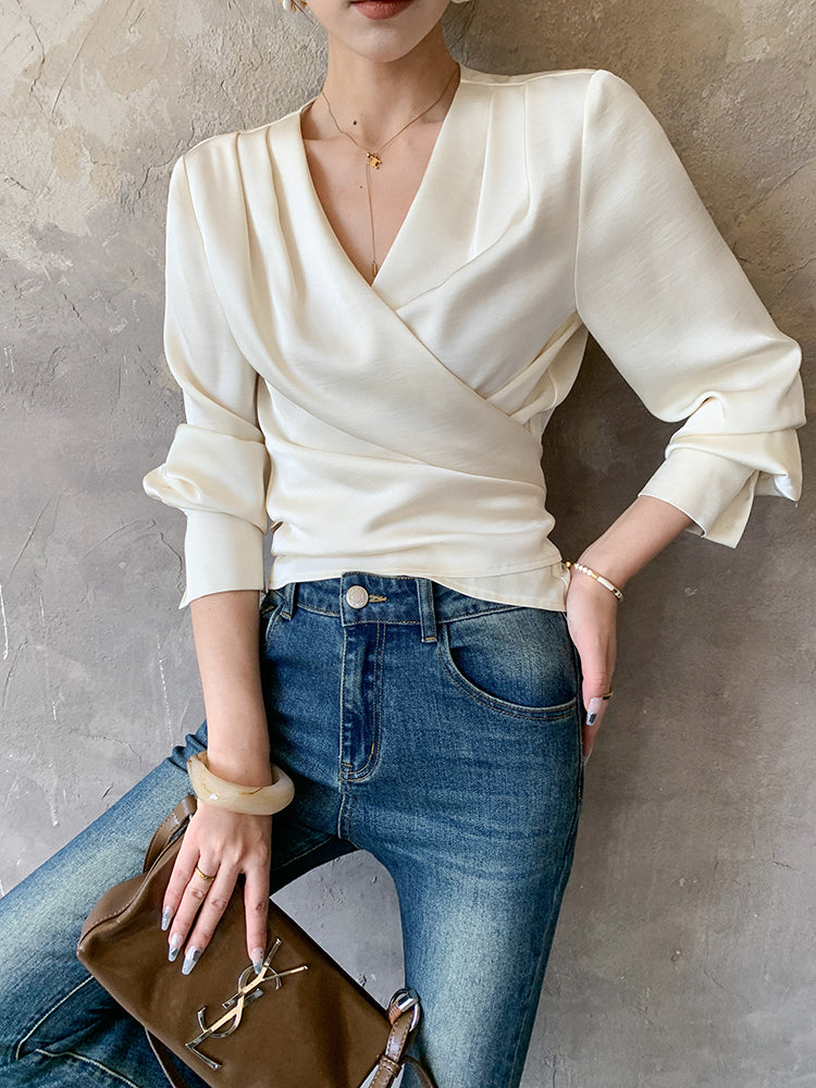 off white v neck waist cross long sleeves shirt