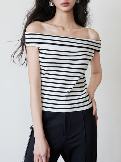 off shoulder striped knit tops