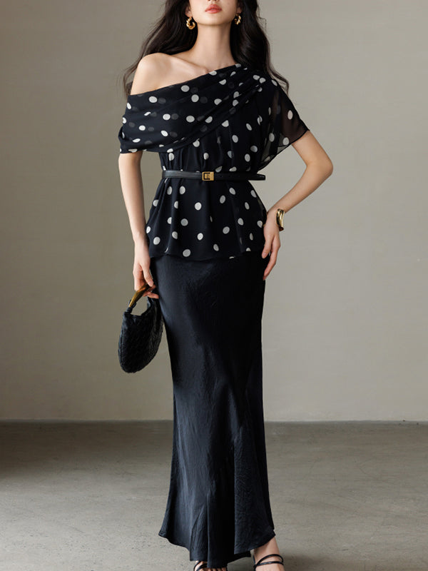 one shoulder chiffon dot tops