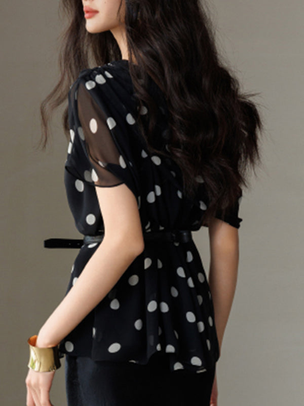 one shoulder chiffon dot tops