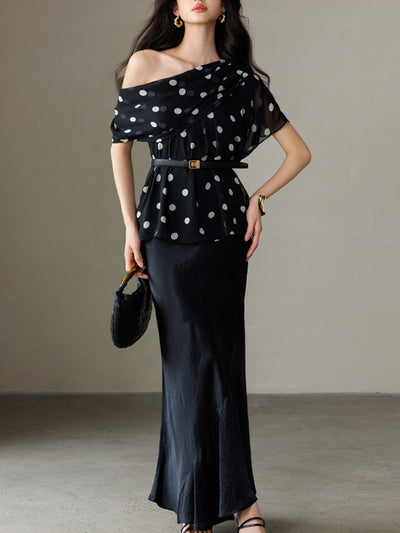 one shoulder chiffon dot tops