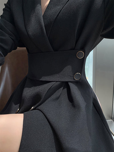 waist slim black long suit dress