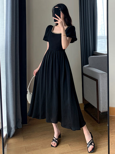 chain square neck puff sleeve black dress