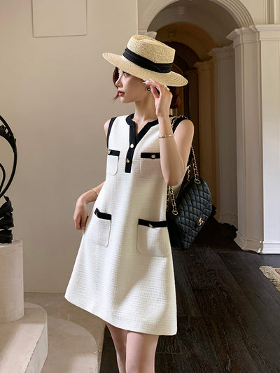 sleeveless button tweed mini one piece