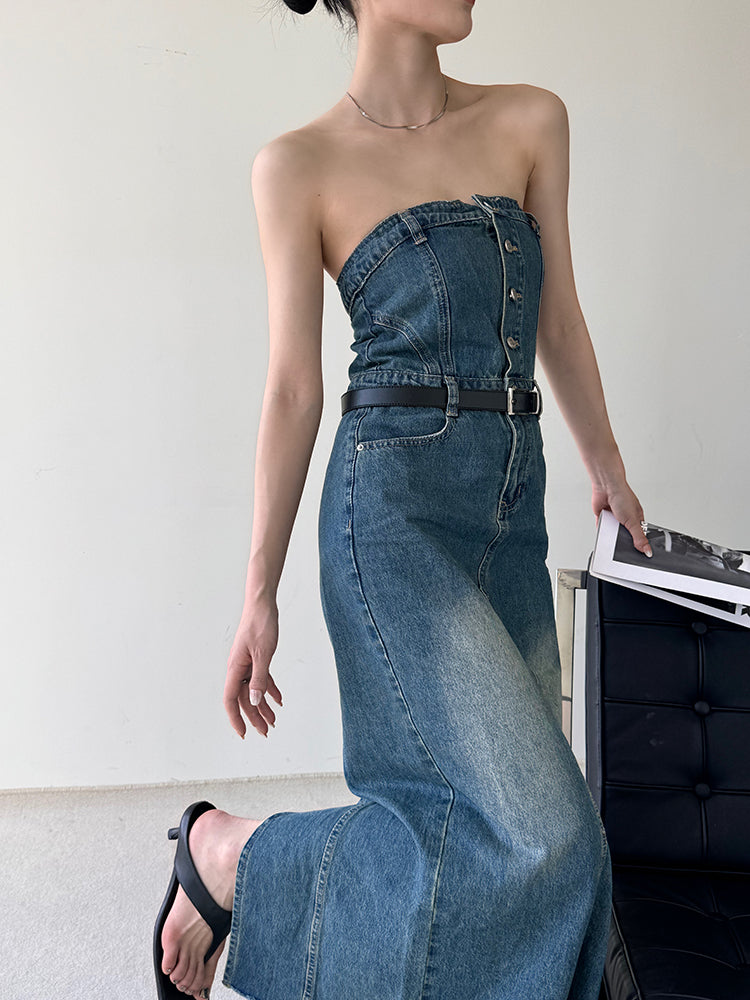 blue denim button tube top long one piece