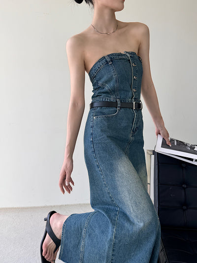 blue denim button tube top long one piece