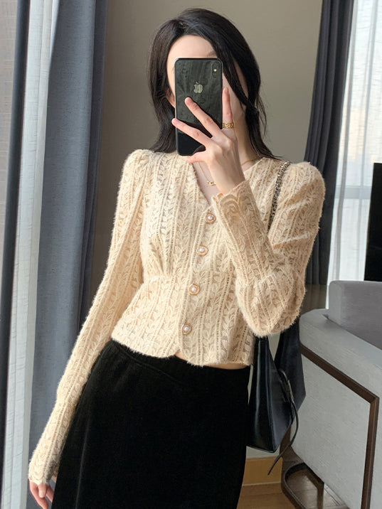 v neck knit short lace cardigan