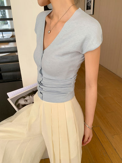 v neck button summer knit tops