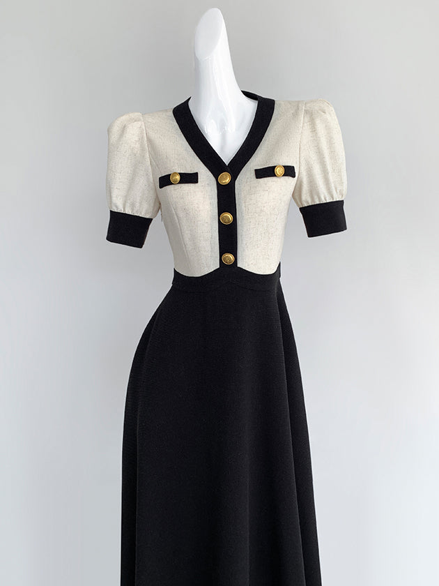 v neck bicolor gold button long one piece