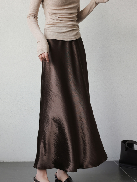 drape satin high waist long skirt